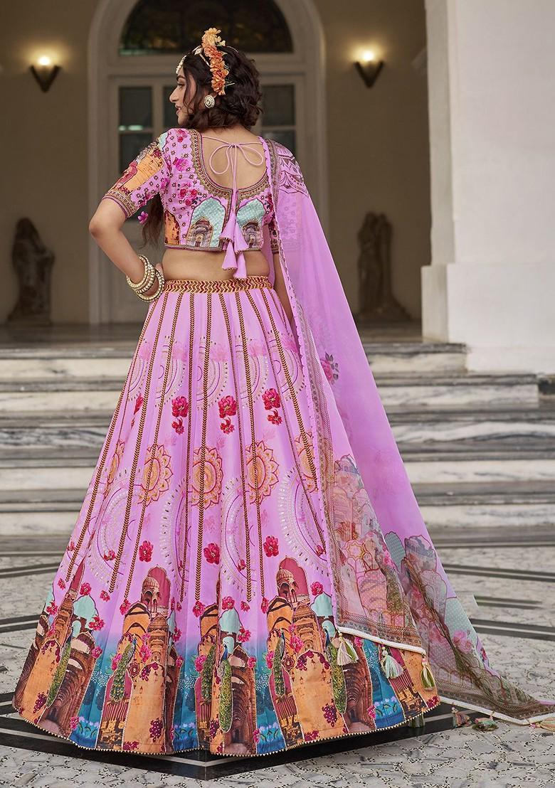 Pink Printed Poly Blend Lehenga Sets