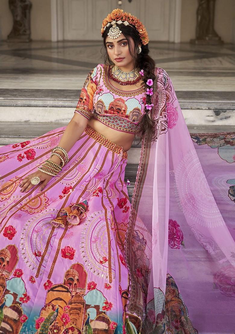 Pink Printed Poly Blend Lehenga Sets