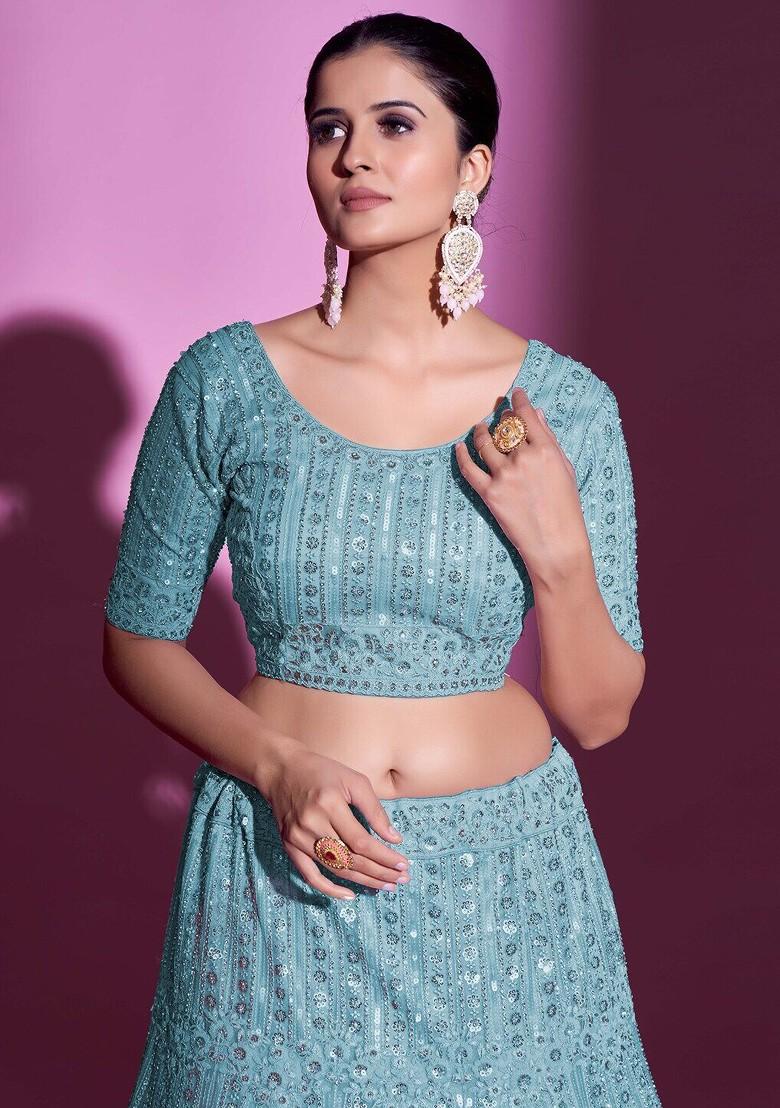Blue Embellished Poly Blend Lehenga Sets