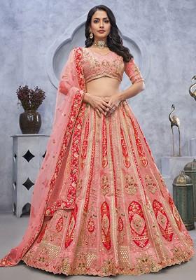 Pink Embroidered Poly Blend Lehenga Sets