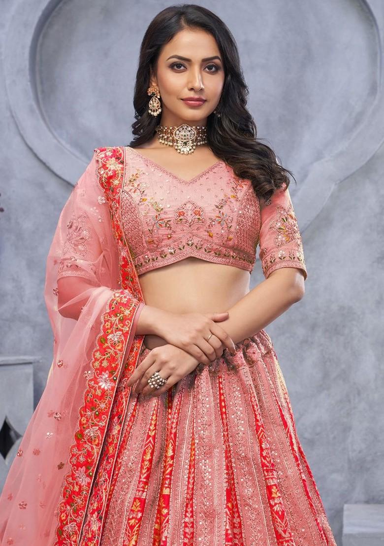 Pink Embroidered Poly Blend Lehenga Sets