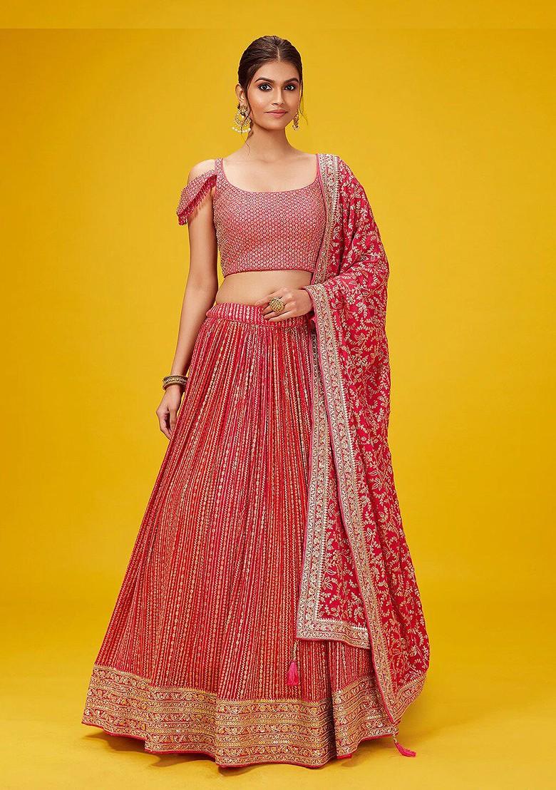 Red Embroidered Poly Blend Lehenga Sets
