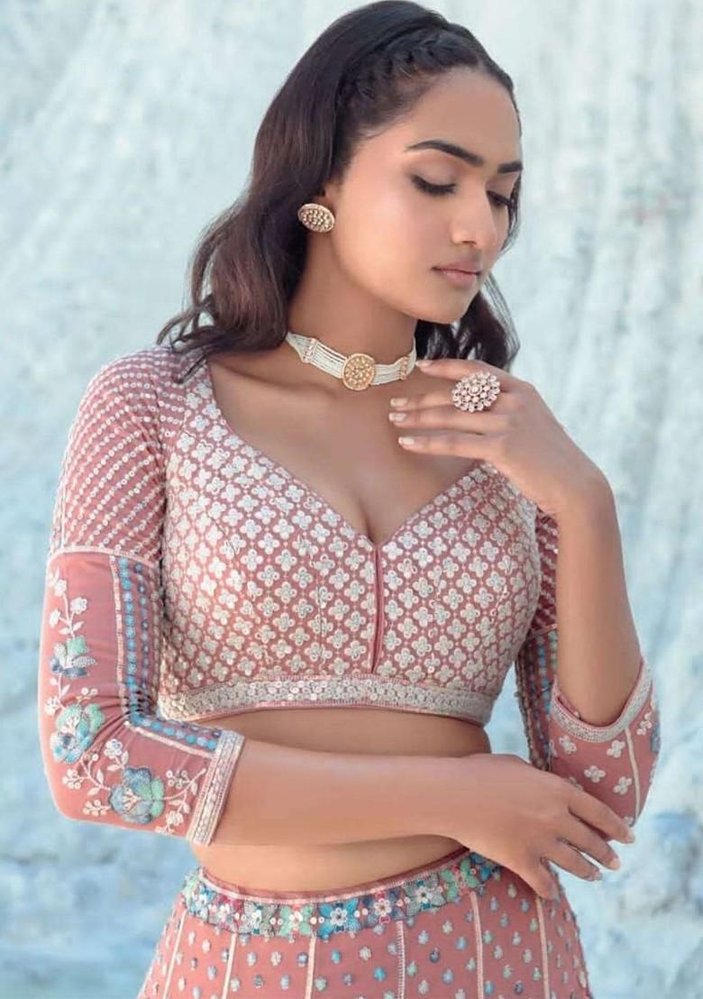 Peach Embroidered Poly Blend Lehenga Sets