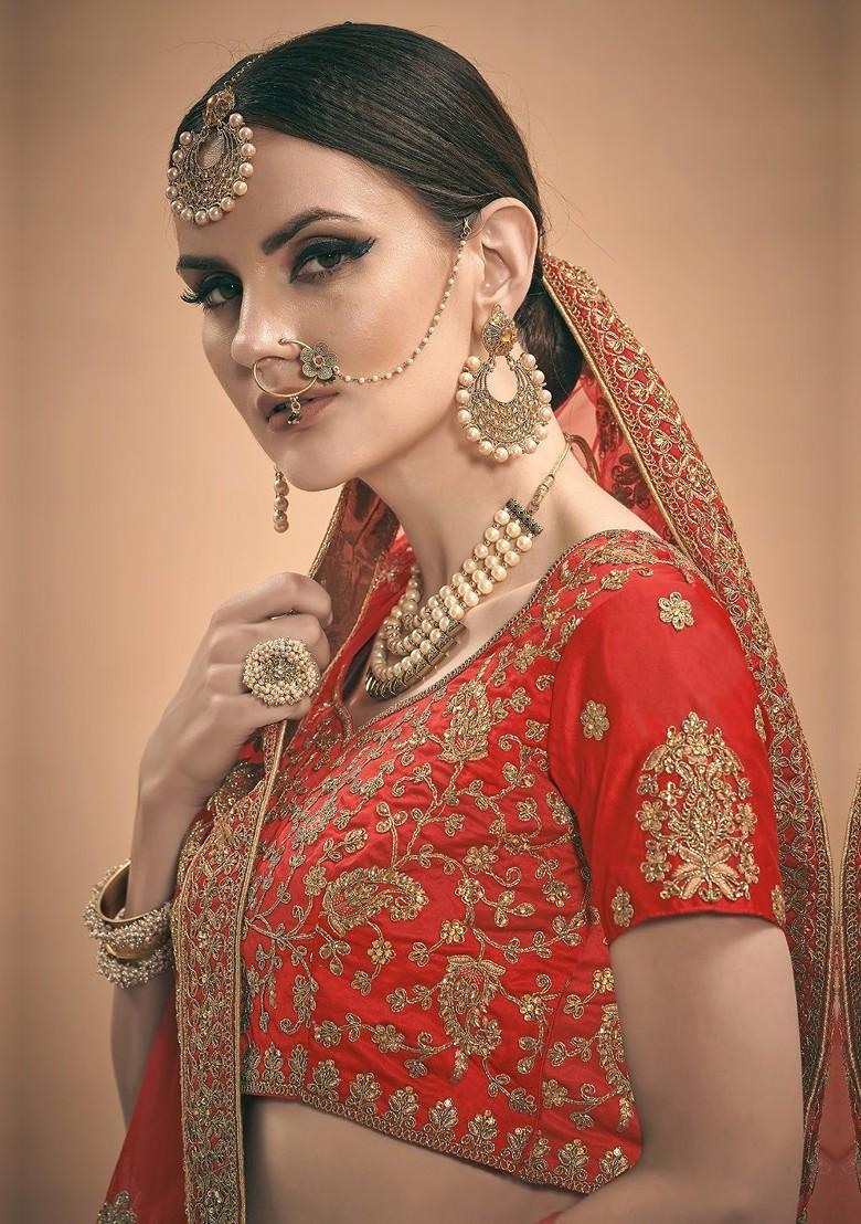 Red Embroidered Poly Blend Lehenga Sets