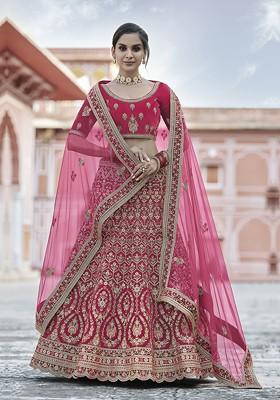 Pink Embroidered Poly Blend Lehenga Sets