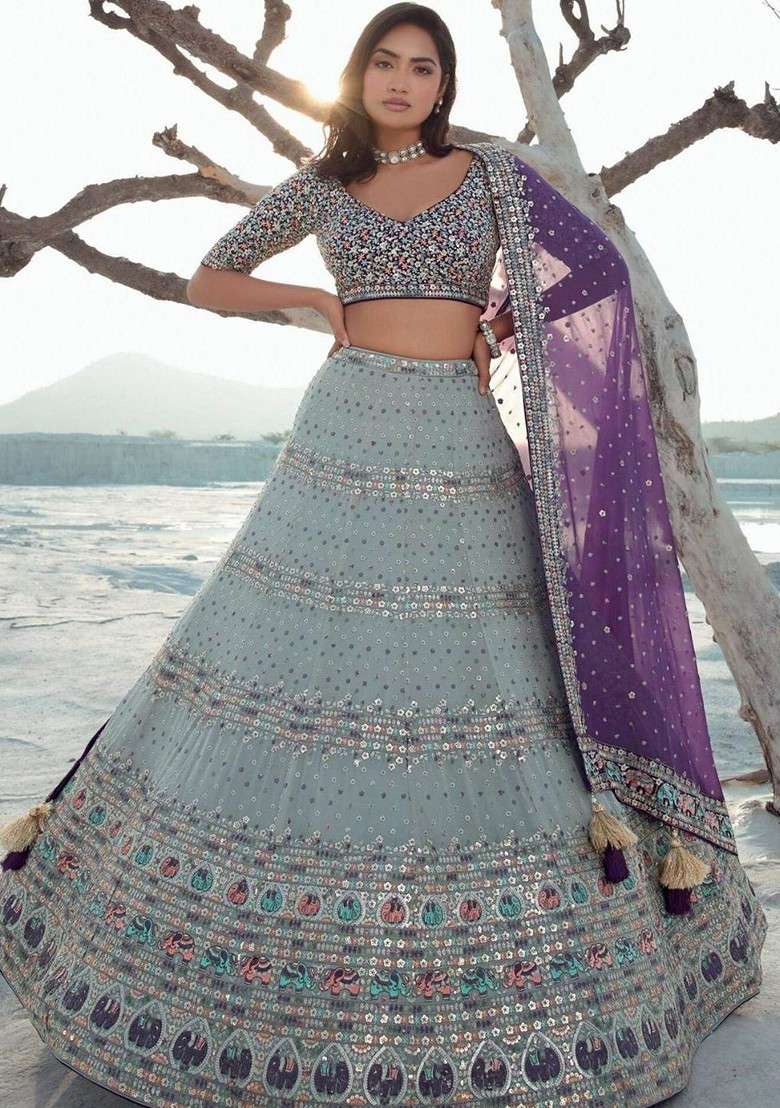 Grey Embroidered Poly Blend Lehenga Sets - Indya