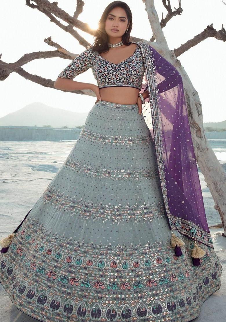 Grey Embroidered Poly Blend Lehenga Sets
