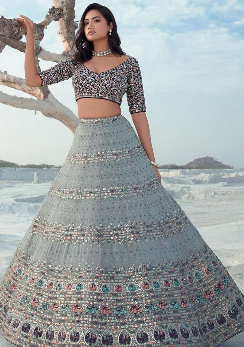 Grey Embroidered Poly Blend Lehenga Sets - Indya