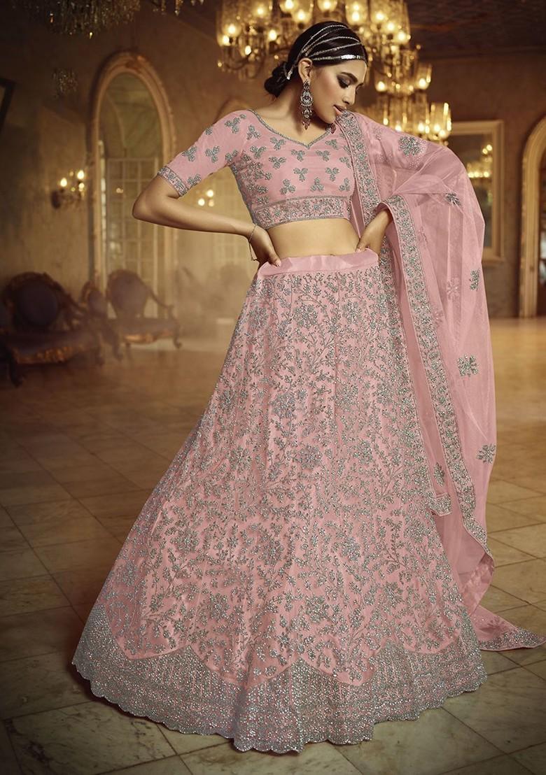 Pink Embroidered Poly Blend Lehenga Sets