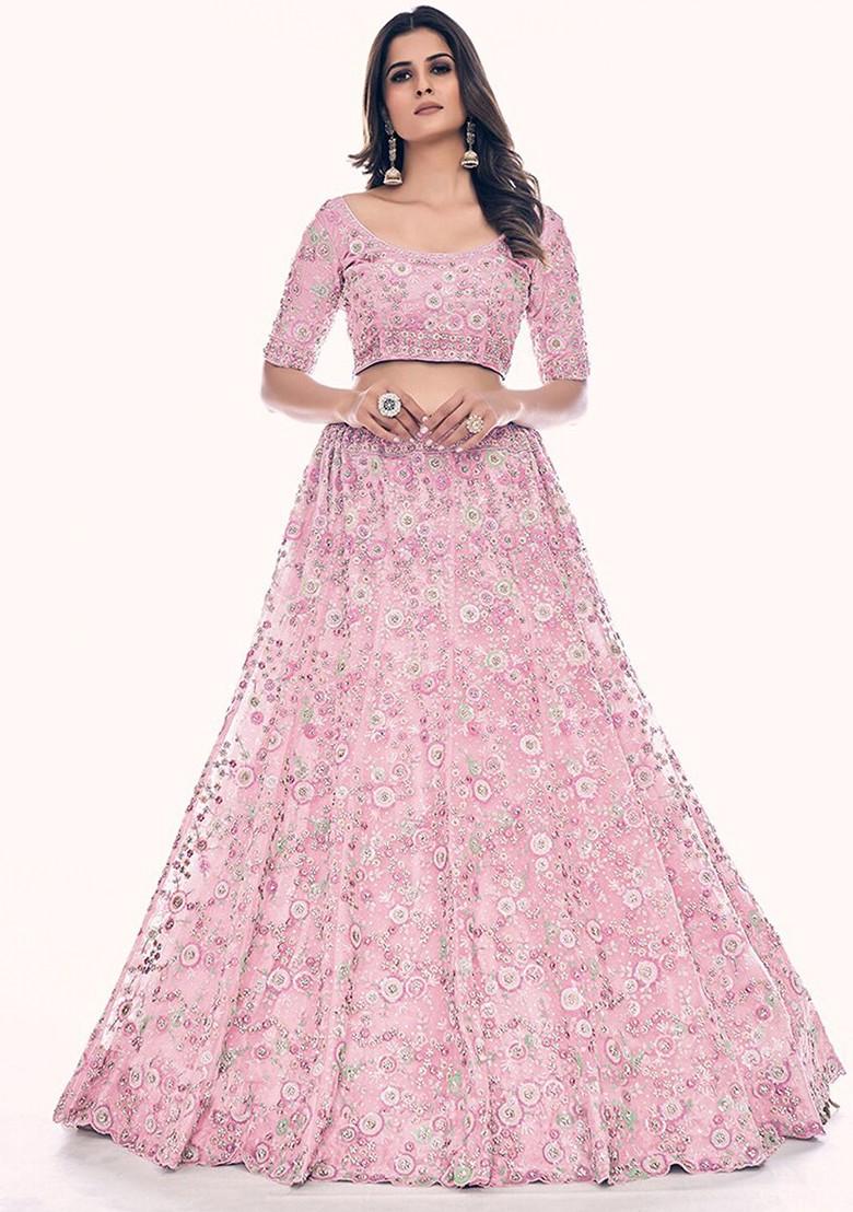 Pink Embroidered Poly Blend Lehenga Sets