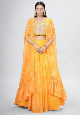 Yellow Mirror Work Poly Blend Lehenga Sets