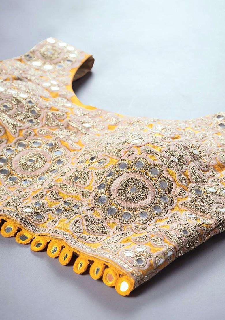 Yellow Mirror Work Poly Blend Lehenga Sets