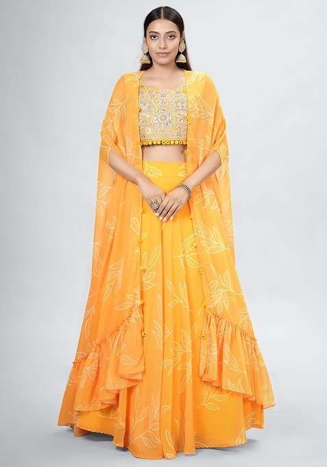 Yellow Poly Blend Sets Lehenga with Mirror Work for Diwali | Wedding & Festive Wear