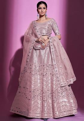 Peach Mirror Work Poly Blend Lehenga Sets