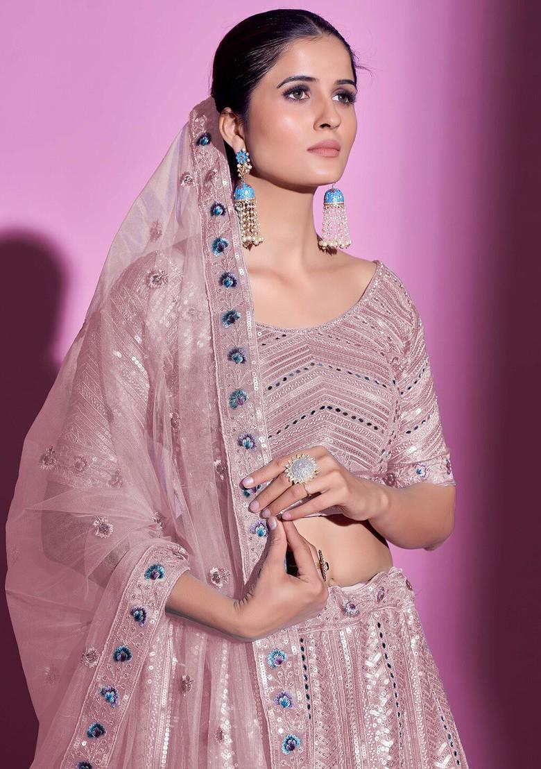 Peach Mirror Work Poly Blend Lehenga Sets