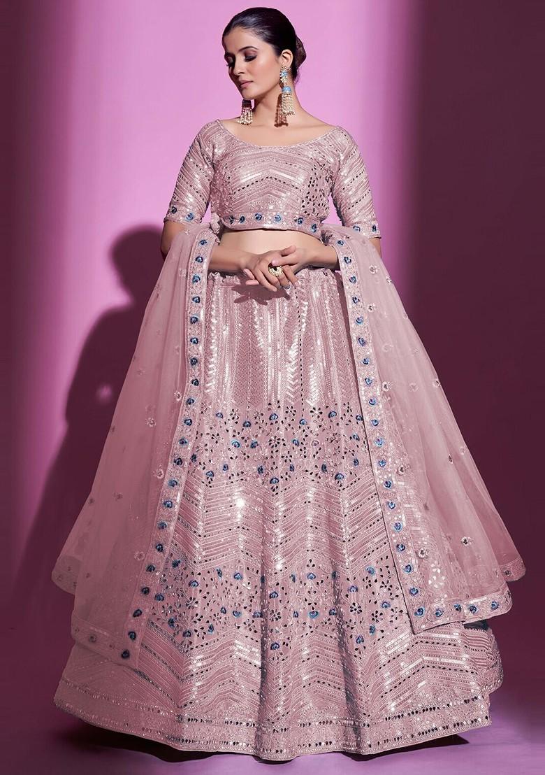 Peach Mirror Work Poly Blend Lehenga Sets