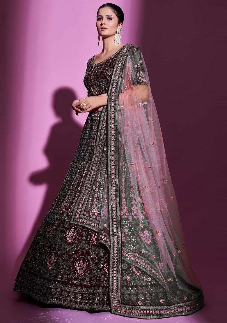 Maroon Mirror Work Poly Blend Lehenga Sets