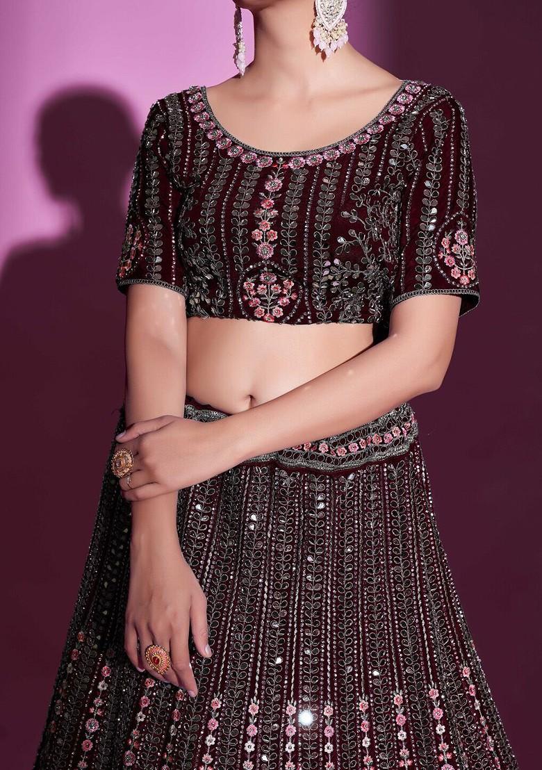 Maroon Mirror Work Poly Blend Lehenga Sets
