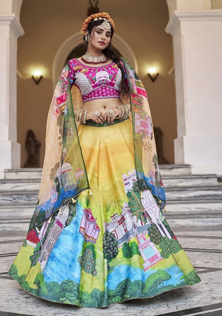 Yellow Printed Poly Blend Lehenga Sets