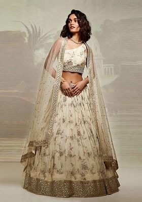 Cream Embroidered Poly Blend Lehenga Sets