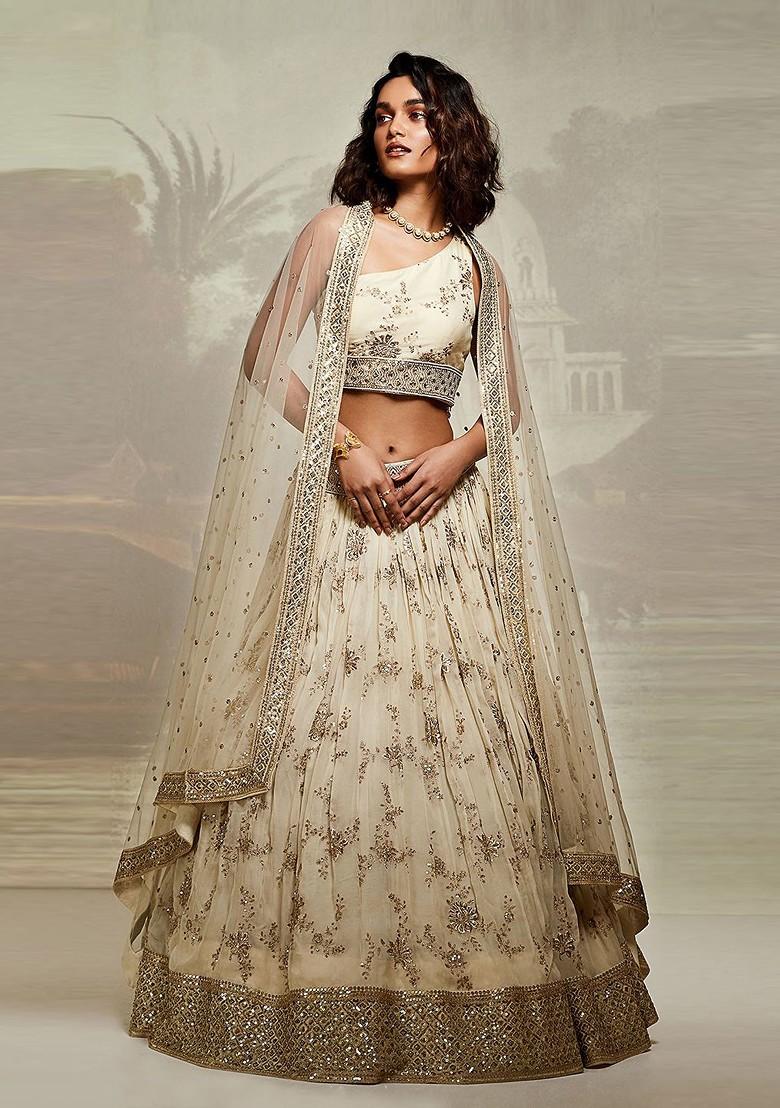 Cream Embroidered Poly Blend Lehenga Sets