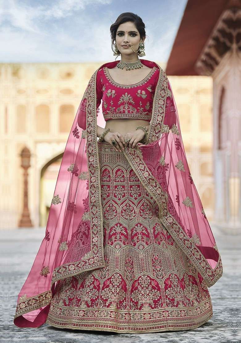 Pink Embroidered Poly Blend Lehenga Sets - Indya
