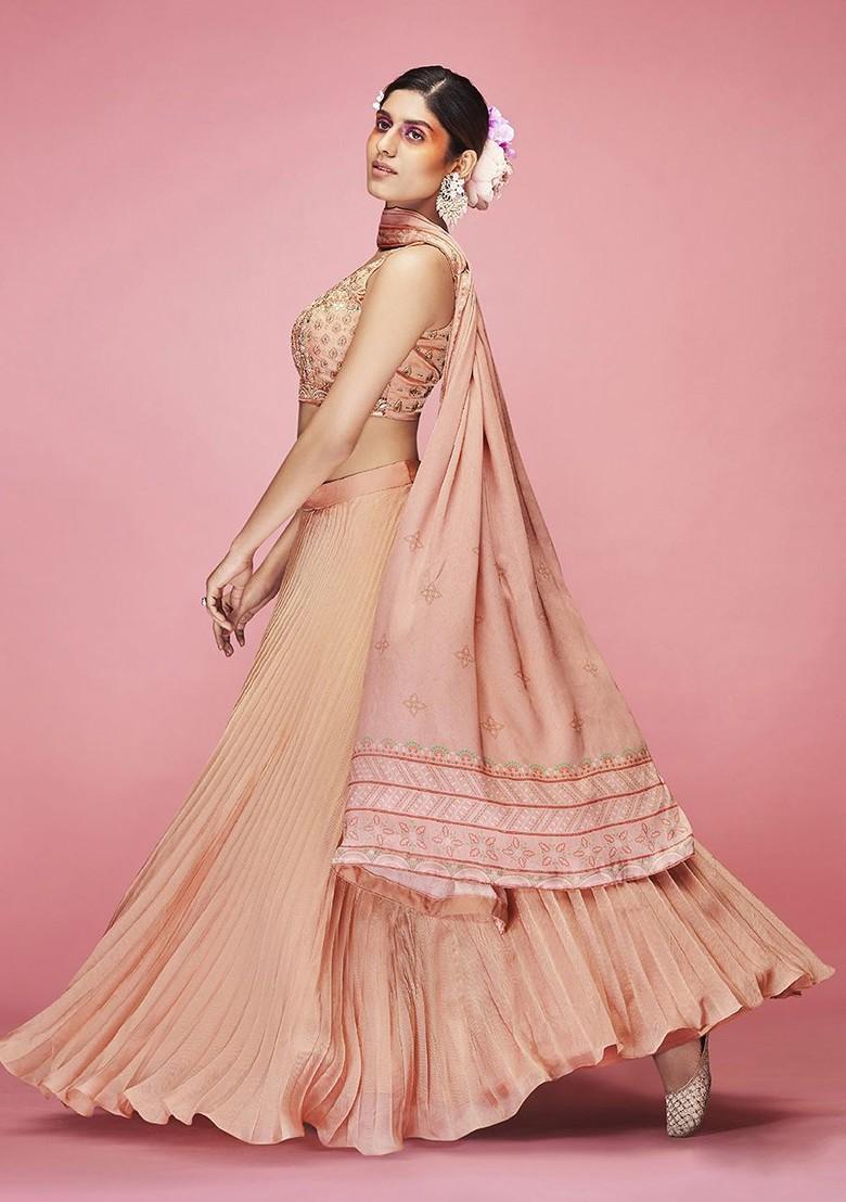 Peach Mirror Work Poly Blend Lehenga Sets