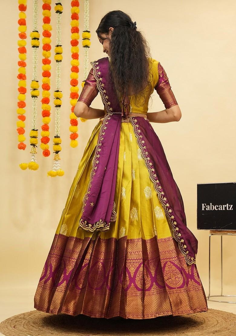 Yellow Zari Embroidered Poly Blend Lehenga Sets