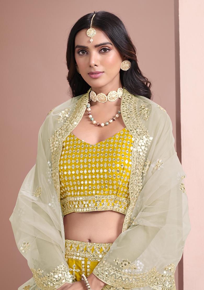 Yellow Embroidered Art Silk Lehenga Set