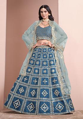 Teal Embroidered Art Silk Lehenga Set