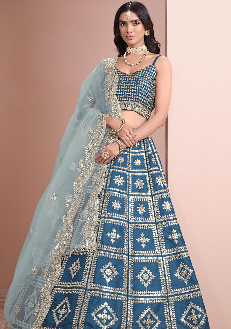 Teal Embroidered Art Silk Lehenga Set