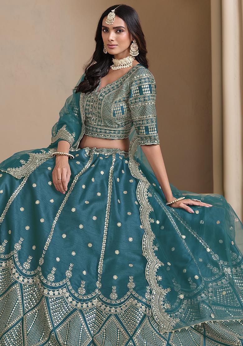 Teal Embroidered Art Silk Lehenga Set