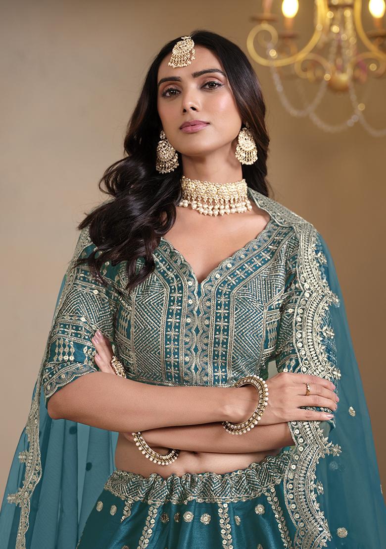 Teal Embroidered Art Silk Lehenga Set