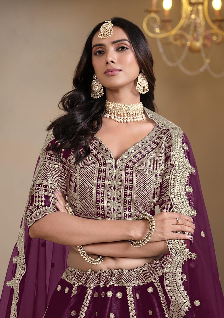 Purple Embroidered Art Silk Lehenga Set