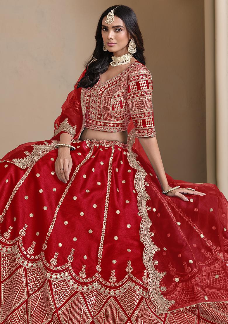 Red Embroidered Art Silk Lehenga Set