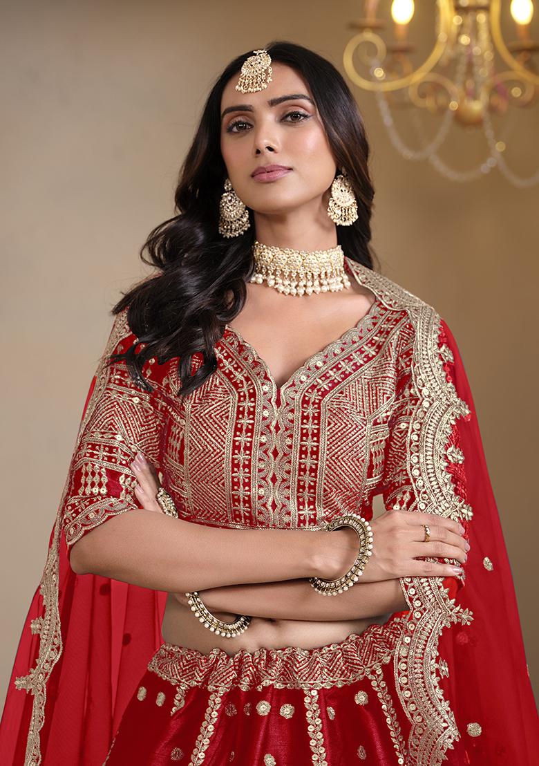 Red Embroidered Art Silk Lehenga Set