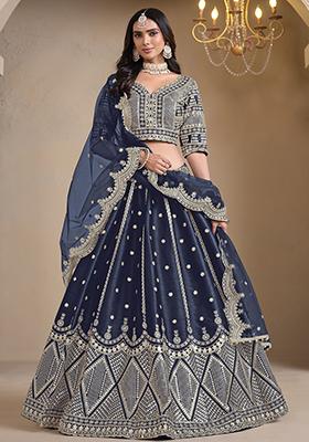 Navy Blue Embroidered Art Silk Lehenga Set