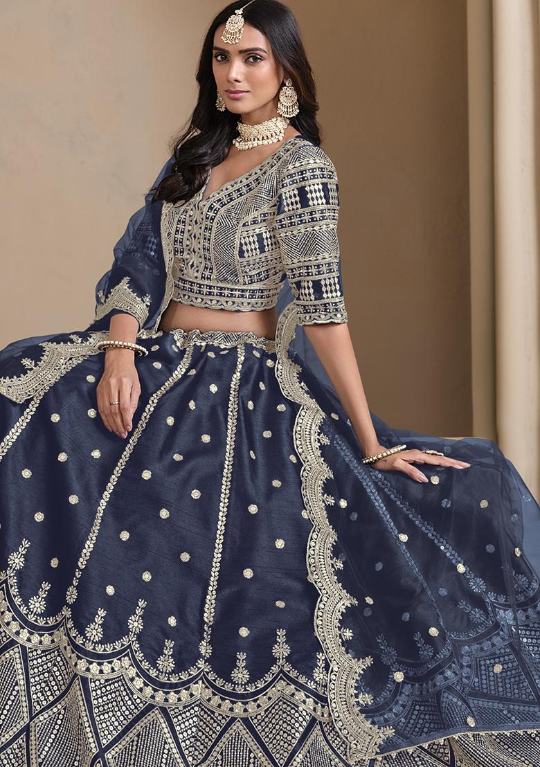 Navy Blue Embroidered Art Silk Lehenga Set