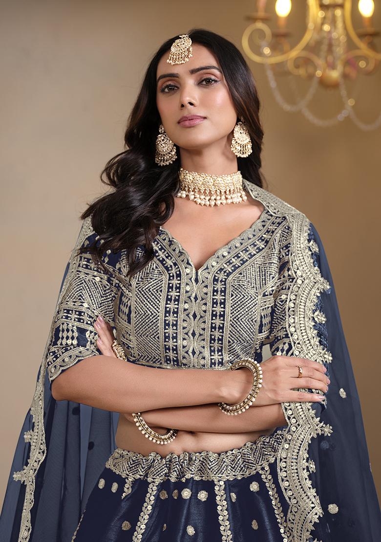 Navy Blue Embroidered Art Silk Lehenga Set