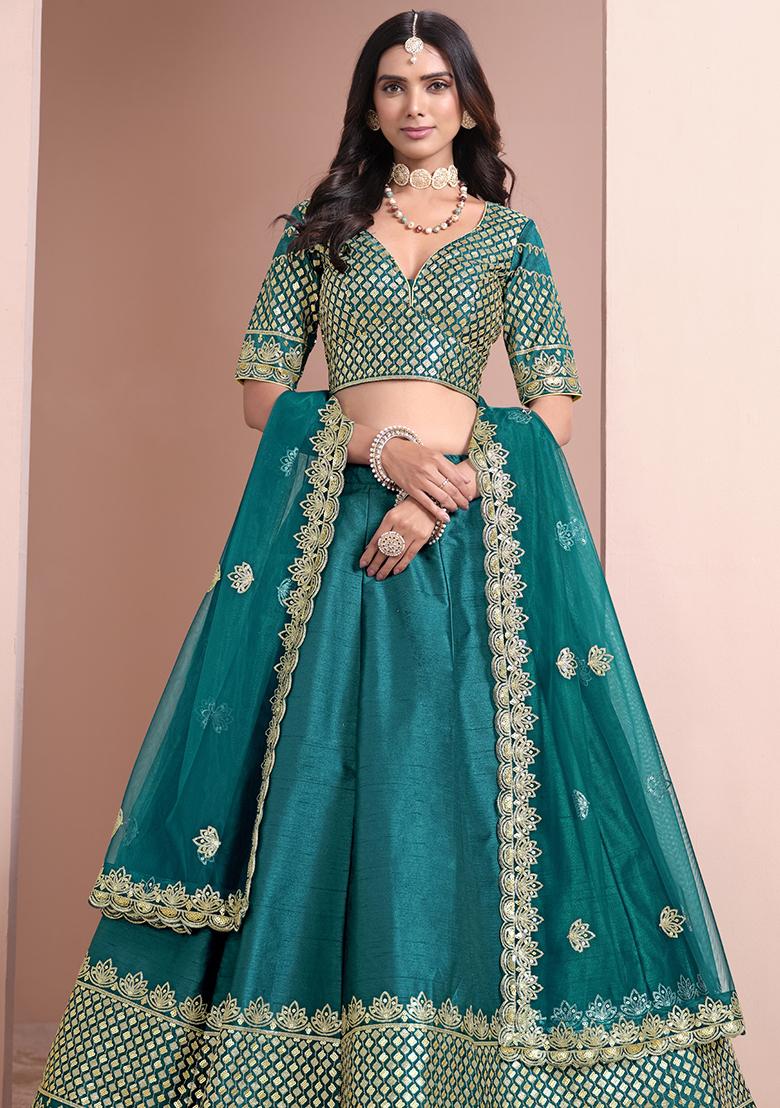 Turquoise Embroidered Art Silk Lehenga Set