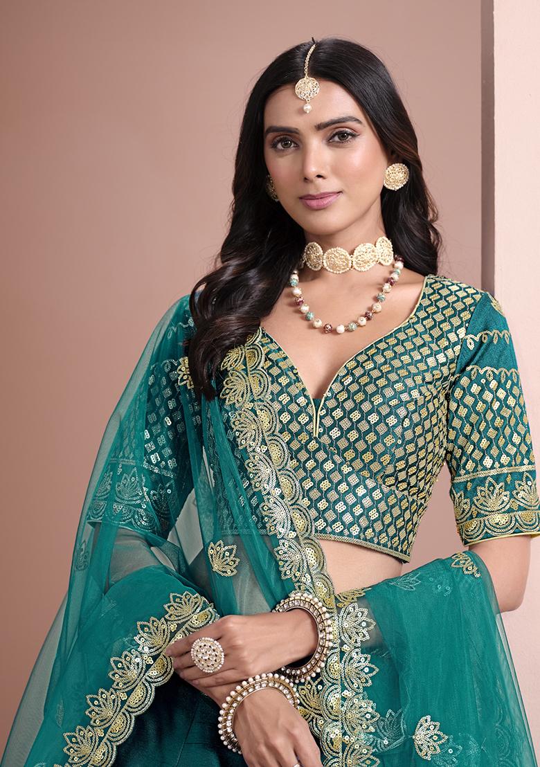 Turquoise Embroidered Art Silk Lehenga Set