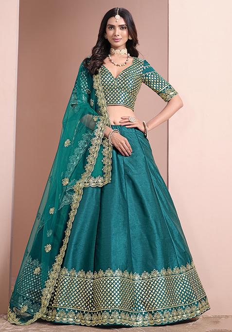 Turquoise Embroidered Art Silk Lehenga Set