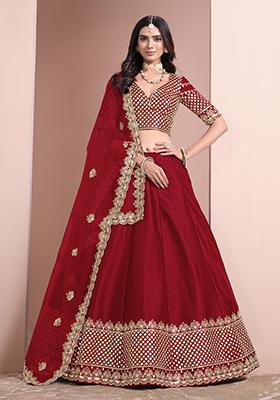 Red Embroidered Art Silk Lehenga Set