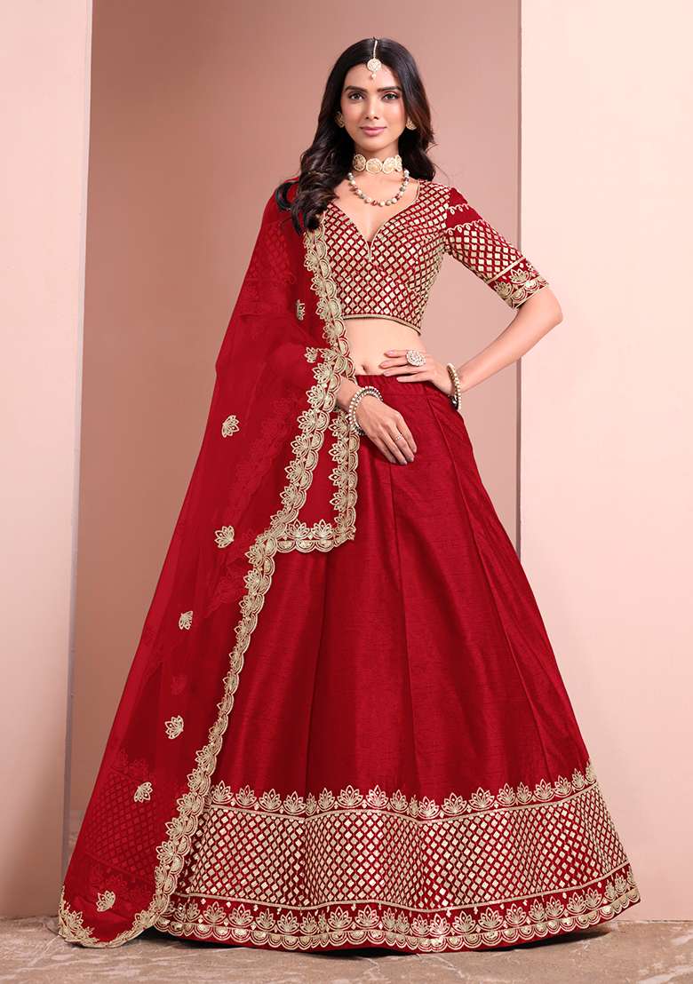 Red Art Silk Lehenga Set with Embroidered for Diwali | Wedding & Festive Wear - Indya