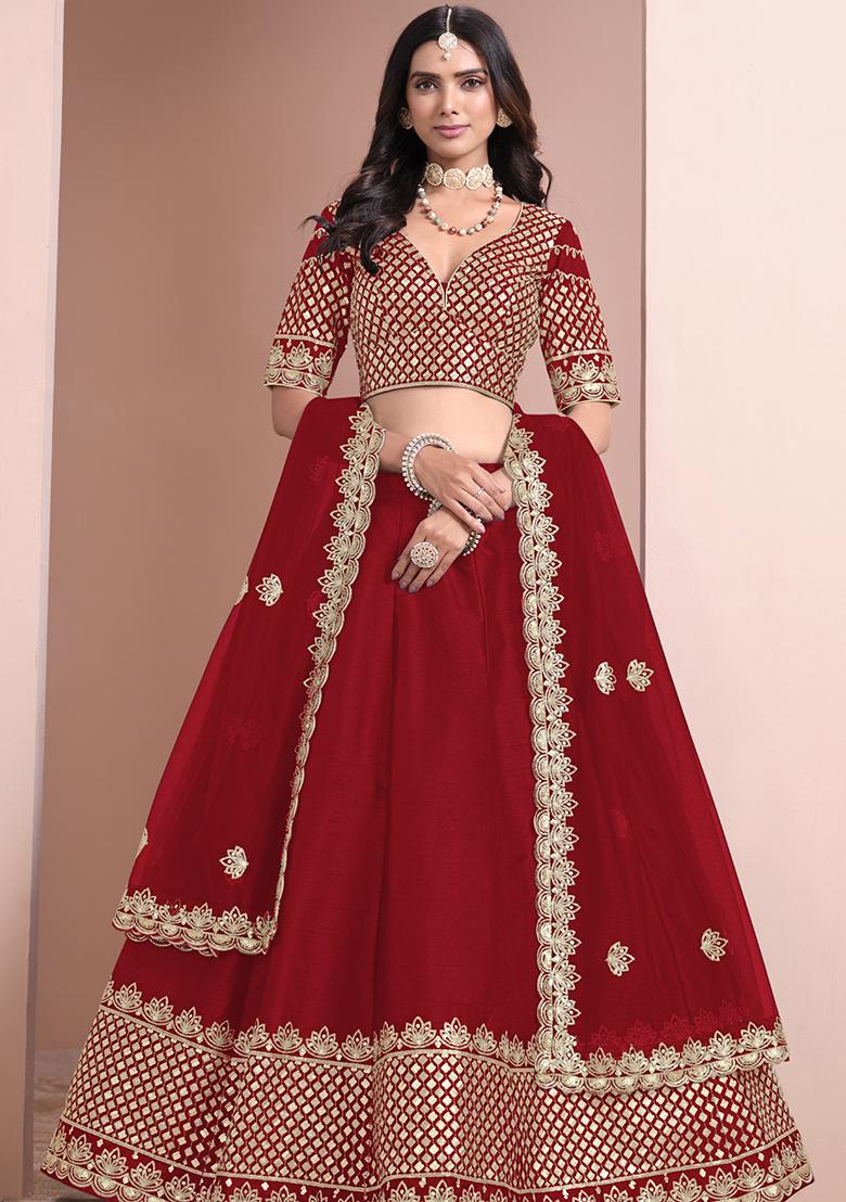 Red Embroidered Art Silk Lehenga Set