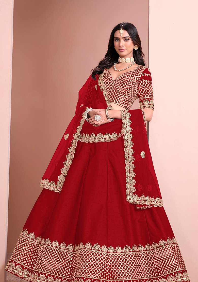 Red Art Silk Lehenga Set with Embroidered for Diwali | Wedding & Festive Wear - Indya
