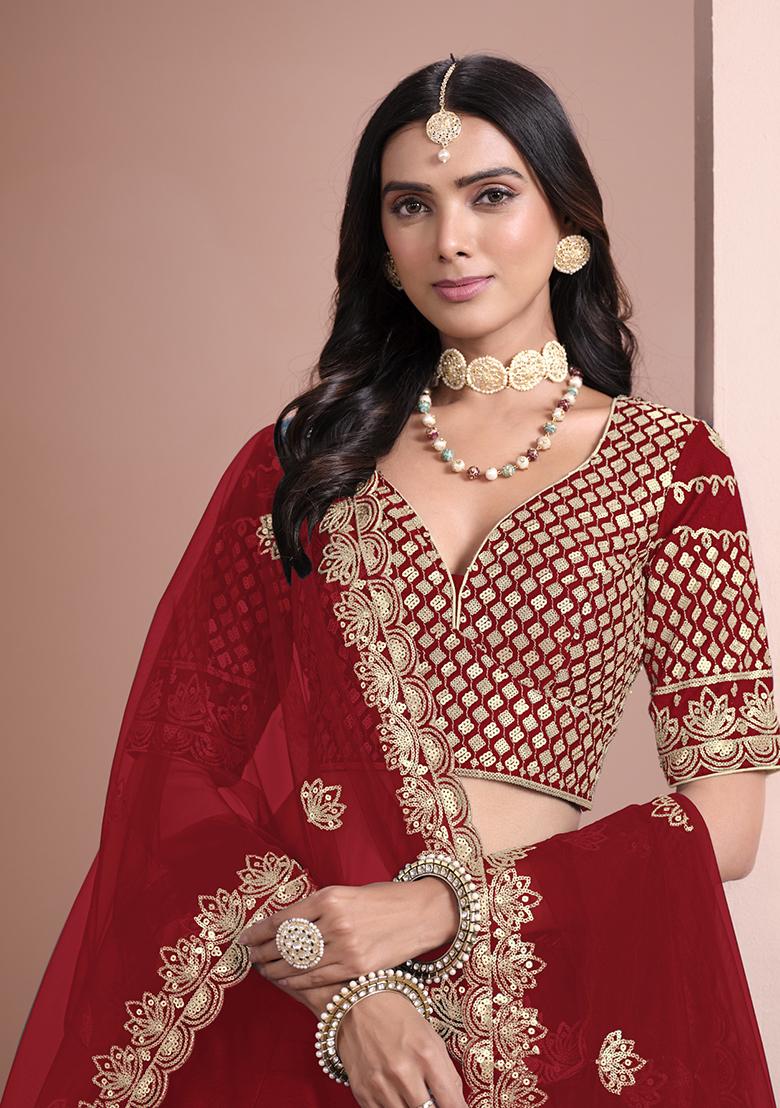 Red Embroidered Art Silk Lehenga Set