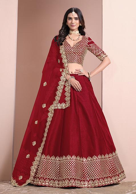 Red Embroidered Art Silk Lehenga Set