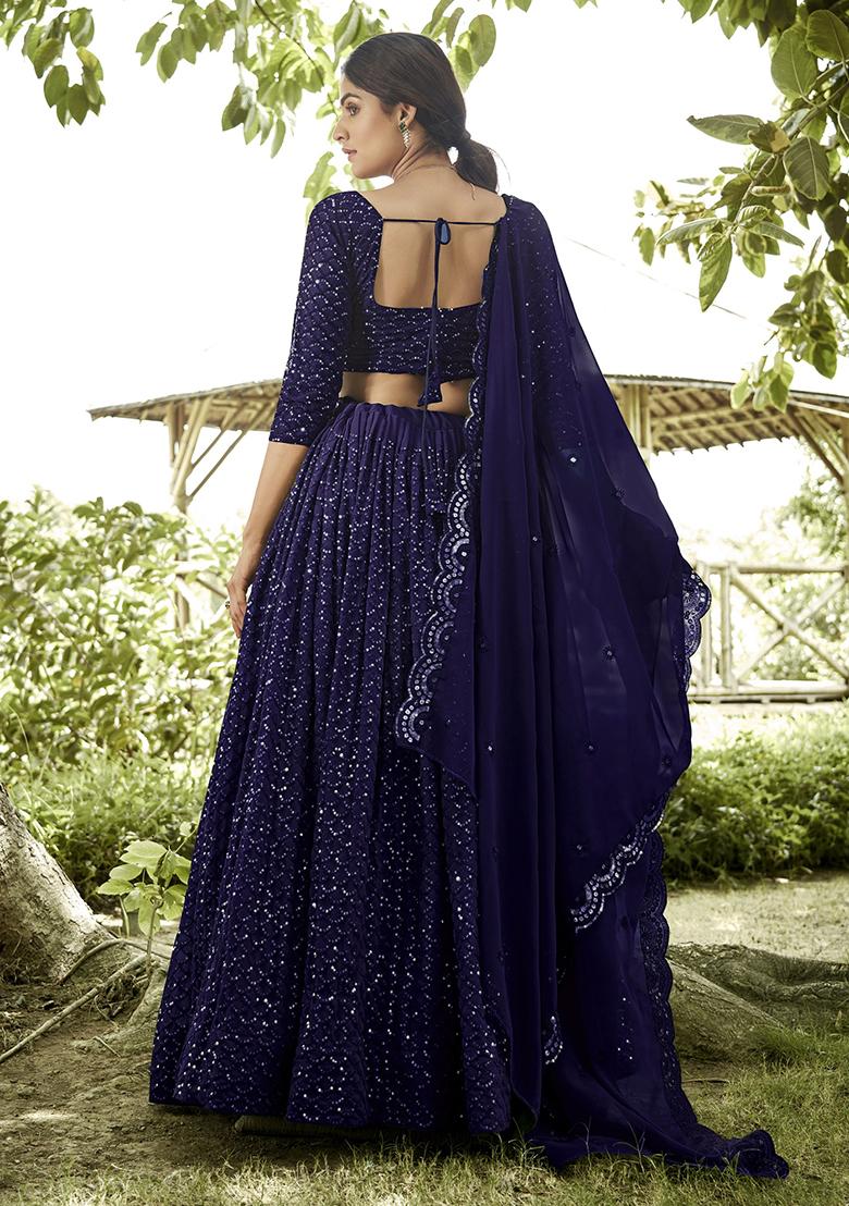 Blue Embroidered Georgette Lehenga Set