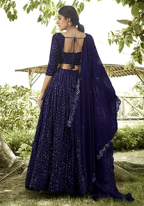 Blue Embroidered Georgette Lehenga Set